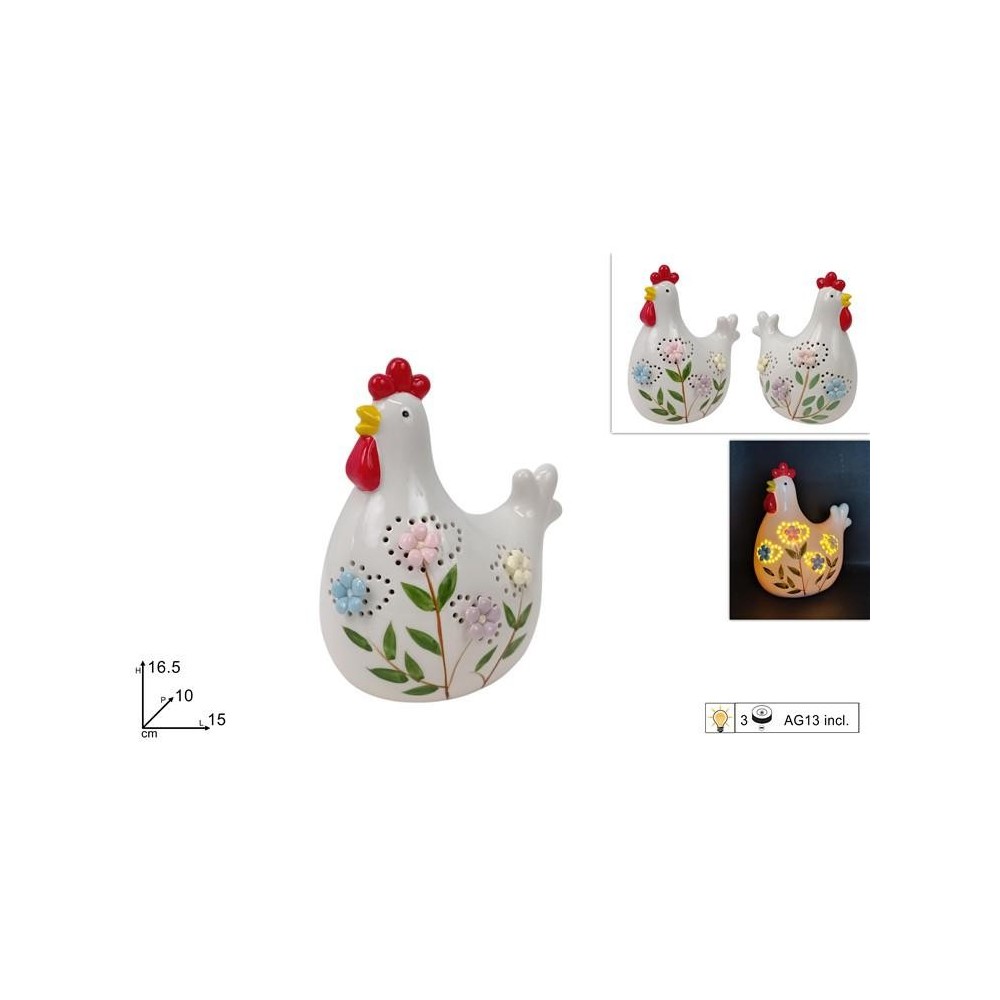 GALLINA 16.5CM CERAMICA CON LUCE 2ASS